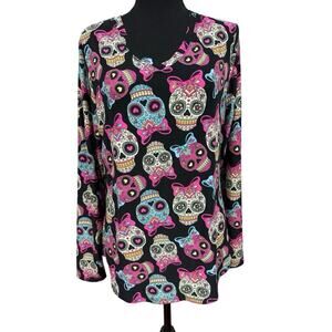 Women’s Junior Y2k Halloween Mexican Sugar Skull Colorful Super Soft Top Large